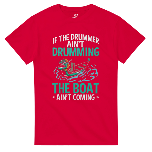 Red unisex crewneck graphic t-shirt with paddling dragon front print
