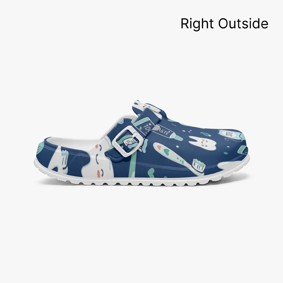 Right inside dental print clog, blue EVA slip-on with white insole and cartoon pattern.
