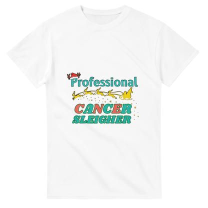 White crew neck T-shirt featuring a colorful “Cancer Sleigher” graphic on the chest