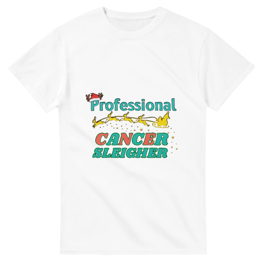 White crew neck T-shirt featuring a colorful “Cancer Sleigher” graphic on the chest