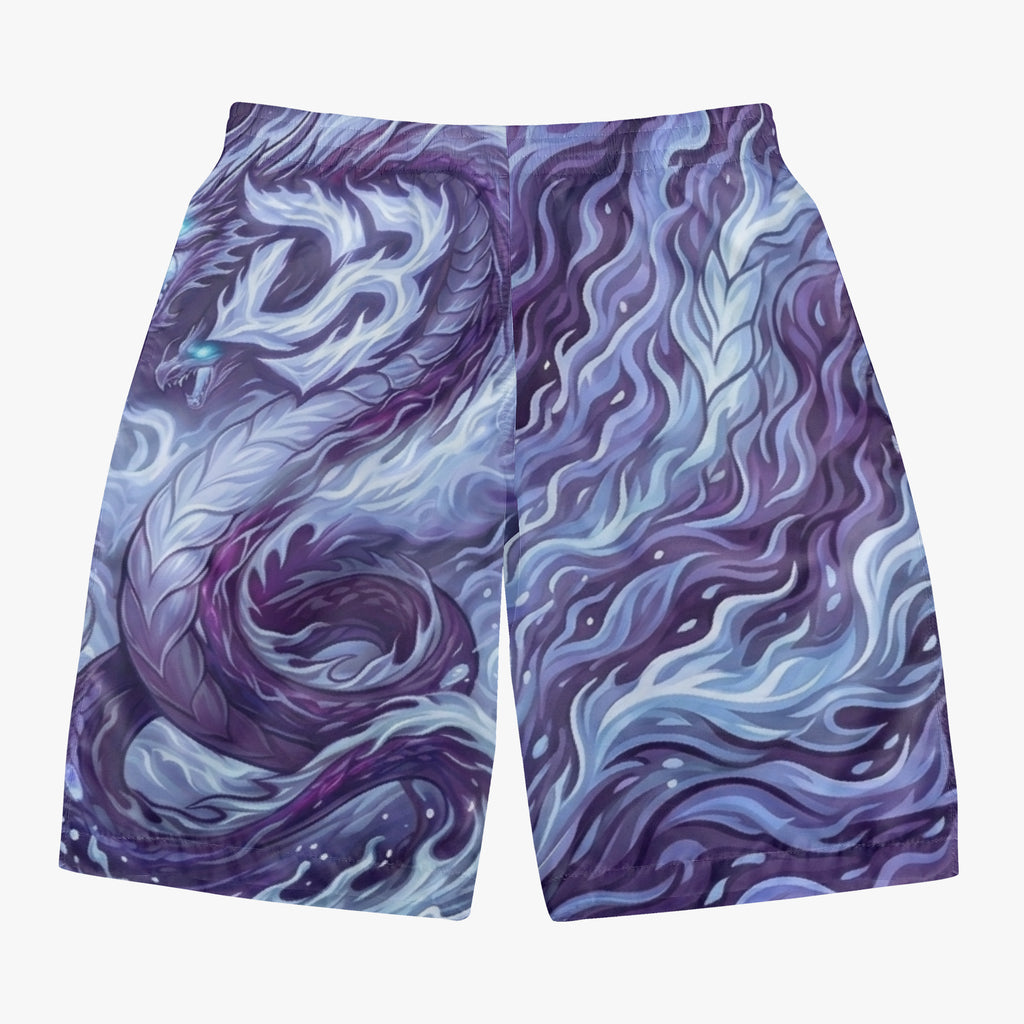 Board shorts with purple-and-blue swirling dragon all-over print