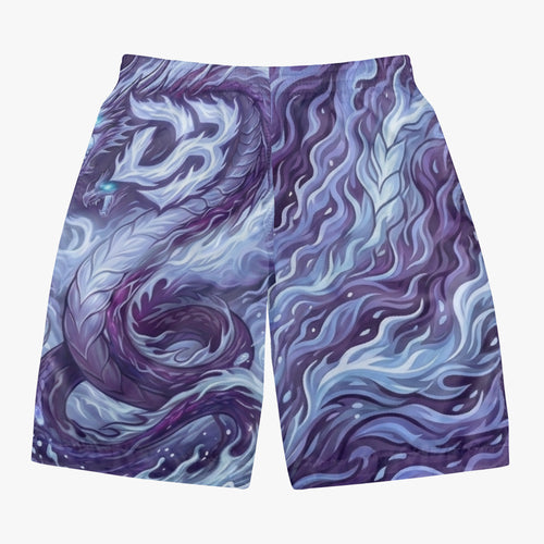Board shorts with purple-and-blue swirling dragon all-over print