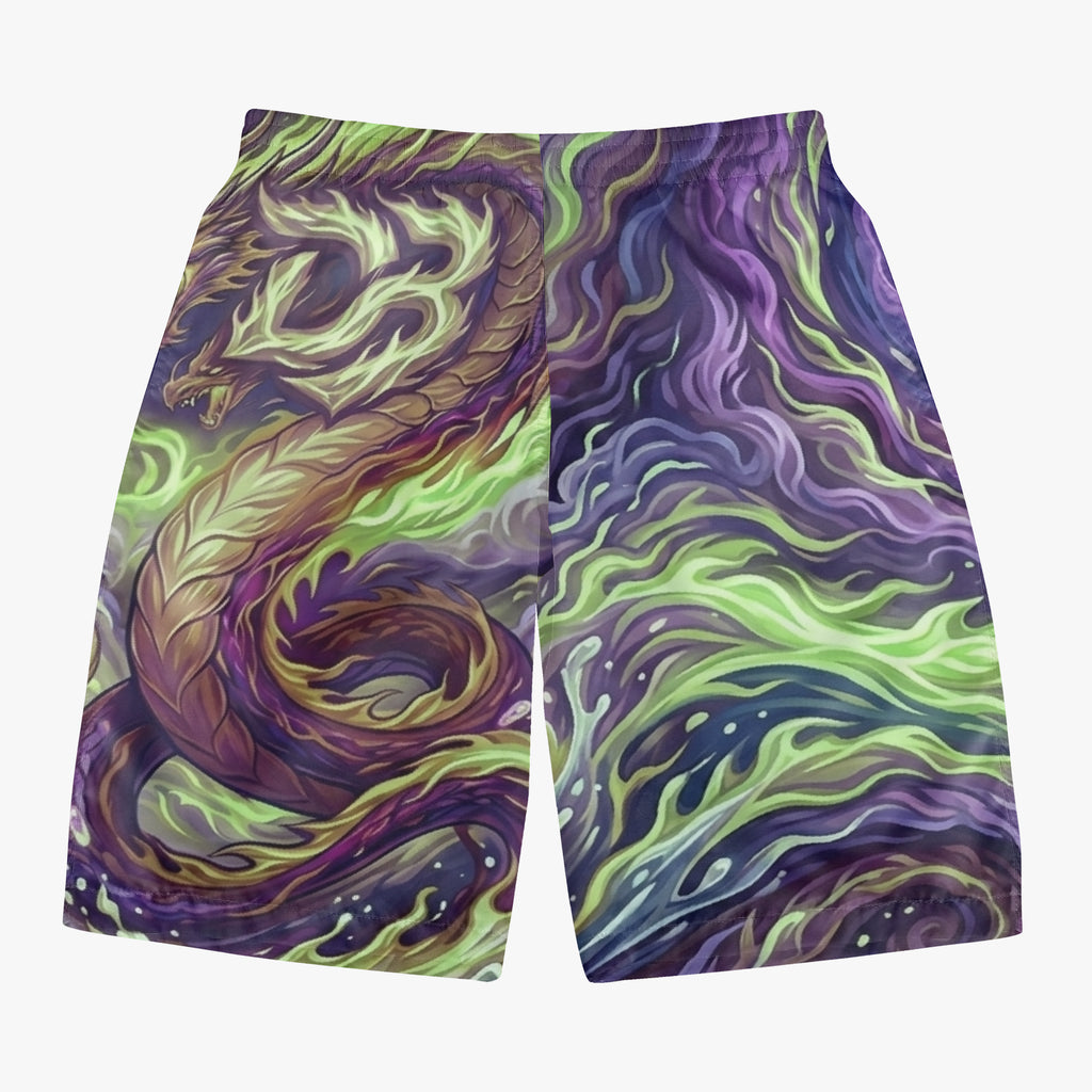 Dragon all-over print board shorts, purple and green, relaxed fit, straight leg opening.