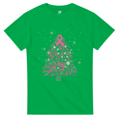 Green tee shirt with pink ribbon Christmas tree graphic and white snowflake dots