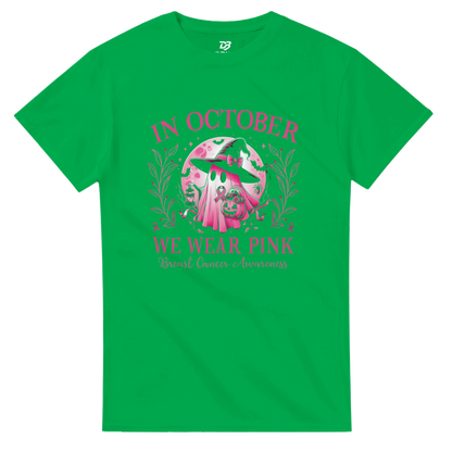 Green crewneck unisex T-shirt with pink awareness graphic and floral wreath front
