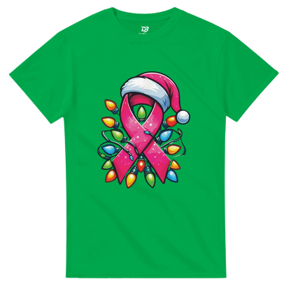 Green crewneck T-shirt with pink ribbon character graphic and colorful Christmas lights
