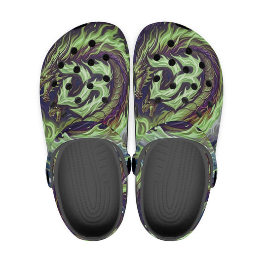Paddler clogs with all-over green and purple dragon print, black toe and heel