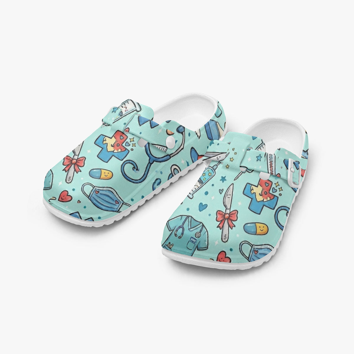 Light blue medical clogs with colorful doodle pattern and white slip-on sole
