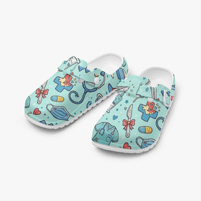 Light blue medical clogs with colorful doodle pattern and white slip-on sole