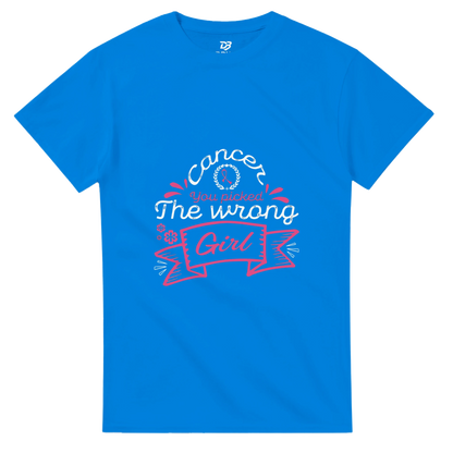 Royal blue unisex graphic tee with pink and white 'The wrong Girl' ribbon print