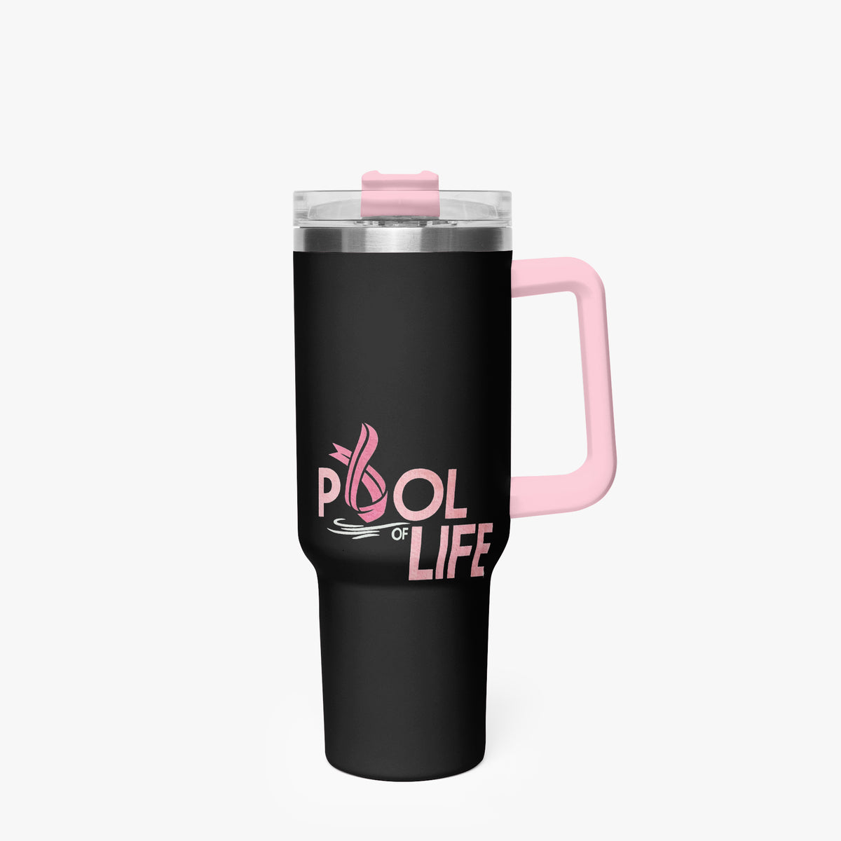 A black insulated travel tumbler with a pink handle, clear lid, and pink lid detail, featuring the text 'POOL OF LIFE' in pink on the front, set against a light gray background.