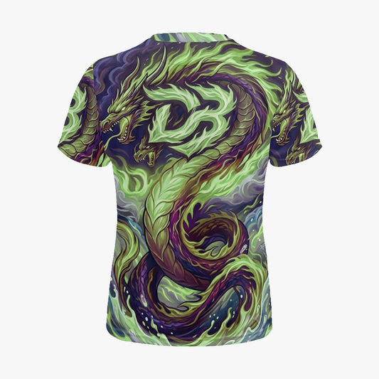 Green and purple dragon all-over print sports jersey, back view with short sleeves
