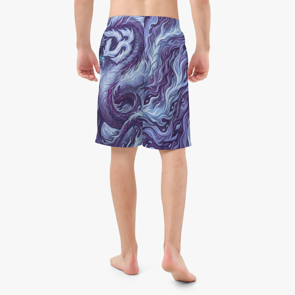 Board shorts with purple-and-blue all-over print, above-knee cut