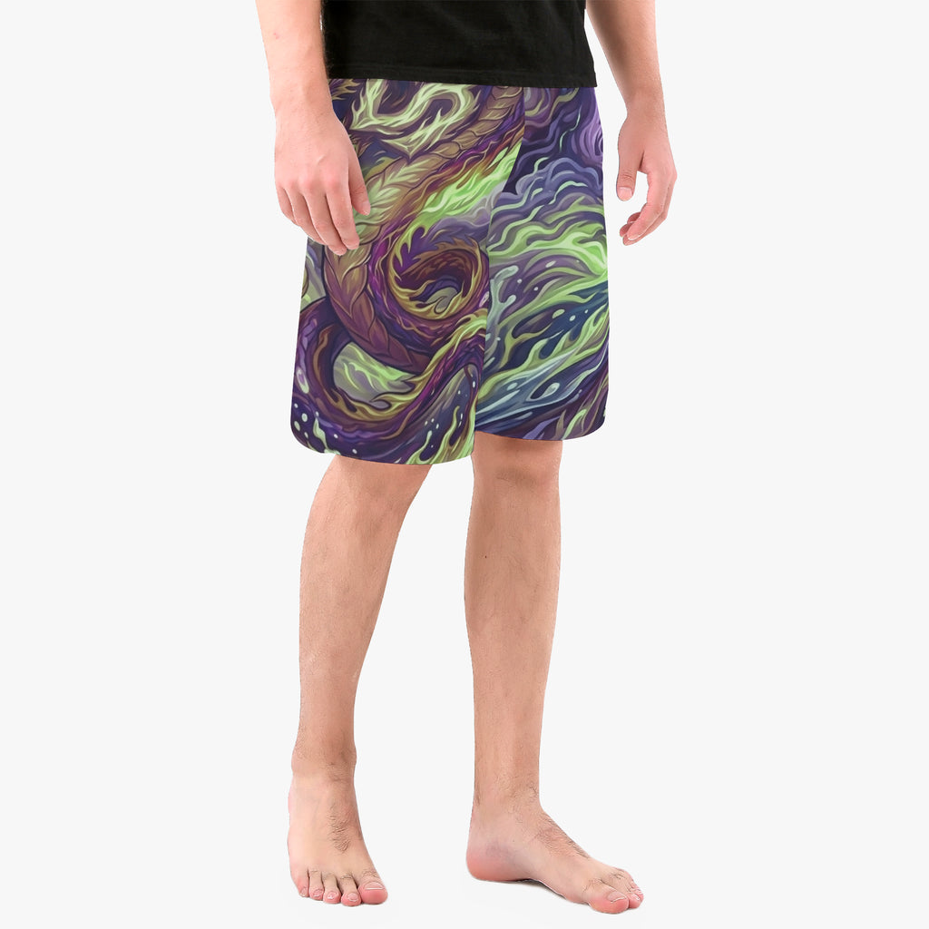 Purple-green dragon all-over print board shorts, side view, elastic waistband, knee hem.