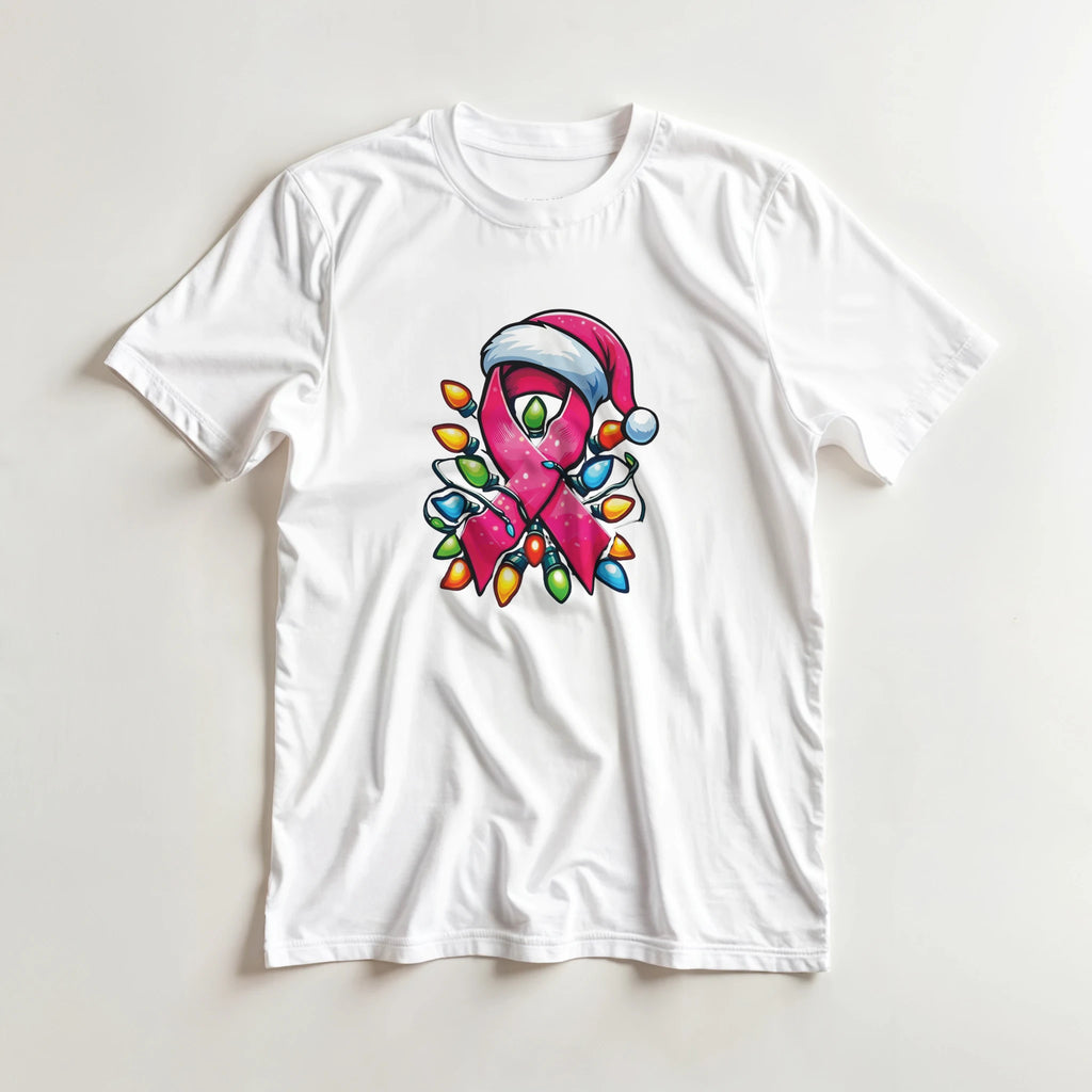 White crewneck T-shirt laid flat with centered pink ribbon character graphic and lights