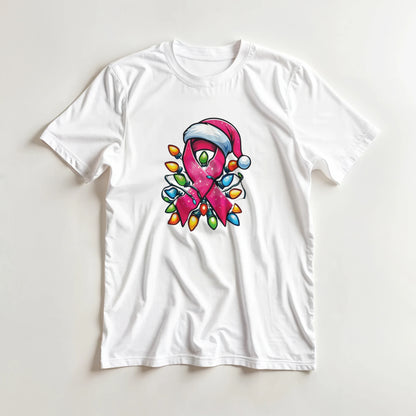 White crewneck T-shirt laid flat with centered pink ribbon character graphic and lights