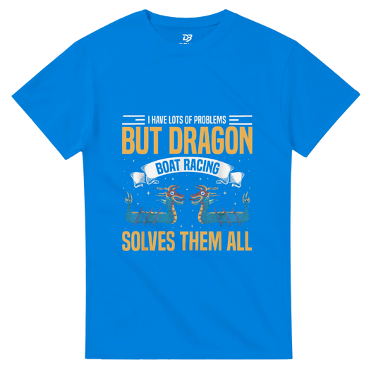 Blue unisex graphic T-shirt with dragon boat racing text "SOLVES THEM ALL"