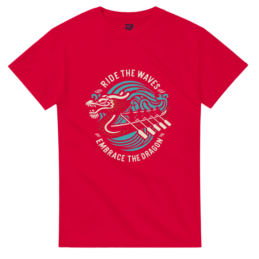 Red unisex t-shirt with colorful dragon boat graphic and slogan text