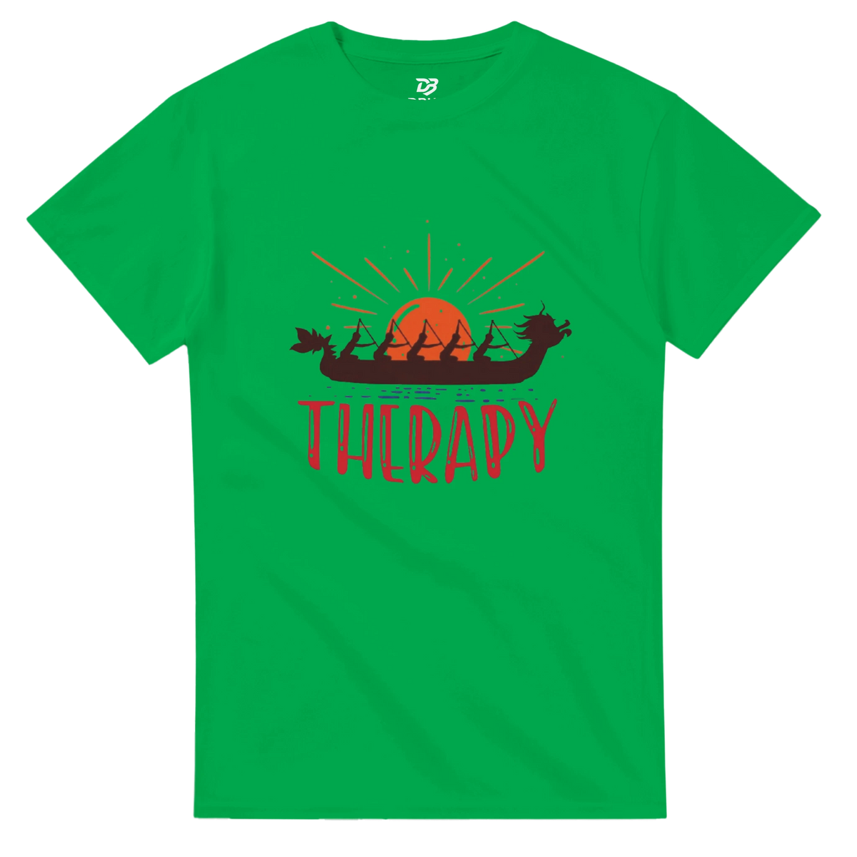 Irish green unisex T-shirt with dragon boat sunrise graphic and "THERAPY" print