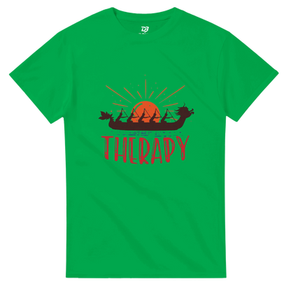 Irish green unisex T-shirt with dragon boat sunrise graphic and "THERAPY" print