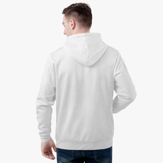 White unisex pullover hoodie, back view with hood and drawstrings