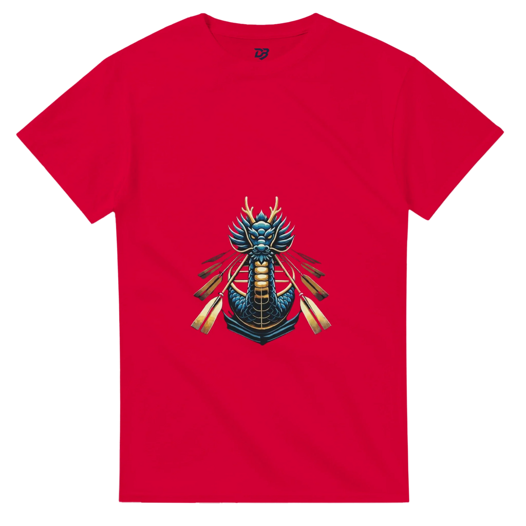 Red unisex dragon boat graphic tee with crew-neck and short sleeves