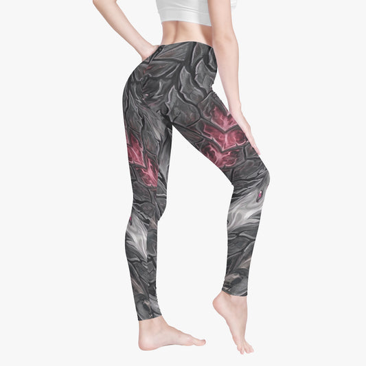 Women's dragon scale leggings, tapered ankle fit, dark grey with red swirl details.