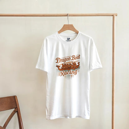 White unisex t-shirt hanging on wooden hanger, featuring Dragon Boat Racing front graphic