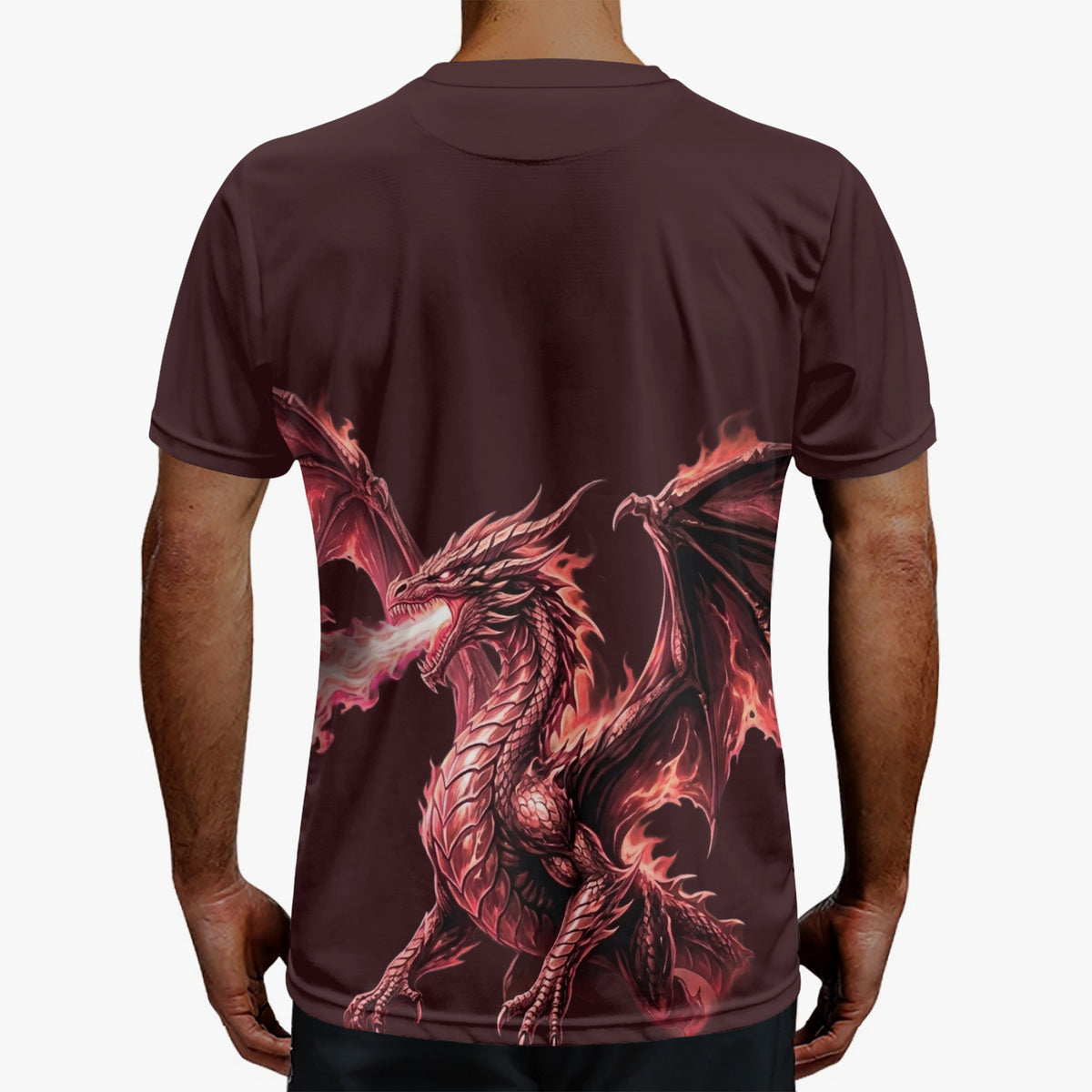 Dark maroon sports jersey with back dragon print, crew neck and short sleeves