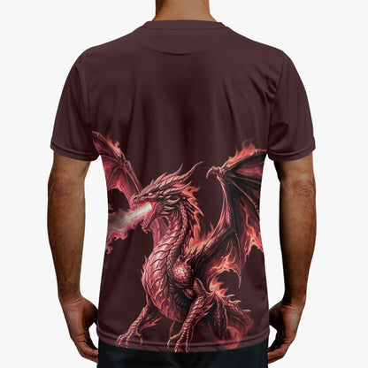Dark maroon sports jersey with back dragon print, crew neck and short sleeves