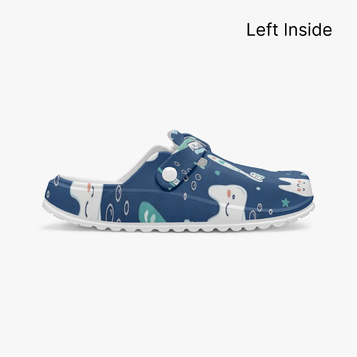 Dental print clog, side profile blue EVA slip-on with dental-themed cartoon pattern.