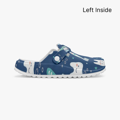 Dental print clog, side profile blue EVA slip-on with dental-themed cartoon pattern.