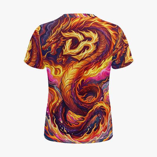 Orange and purple dragon print sports jersey, short sleeves, crew neck, back view