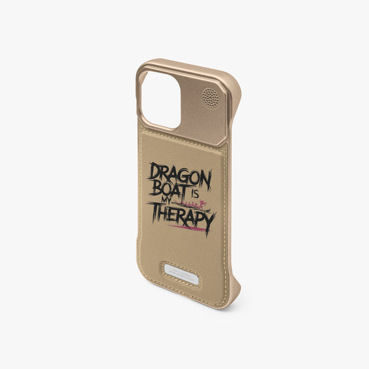 Beige leather-look iPhone case with metal bumper and 'DRAGON BOAT IS THERAPY' print