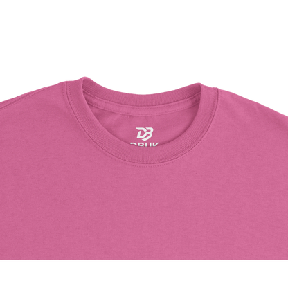 Pink unisex T-shirt neckline close-up with small chest logo