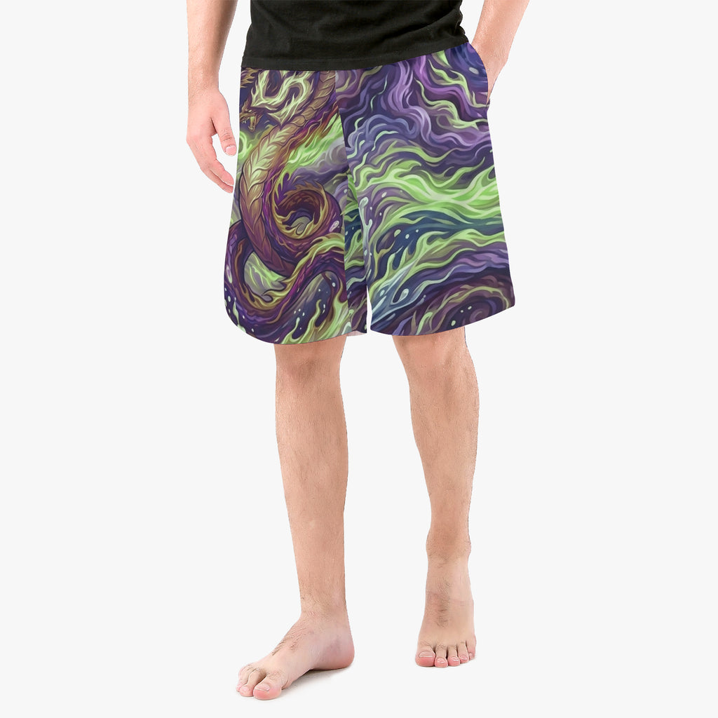 Purple and green dragon all-over print board shorts, elastic waistband, above-knee length.
