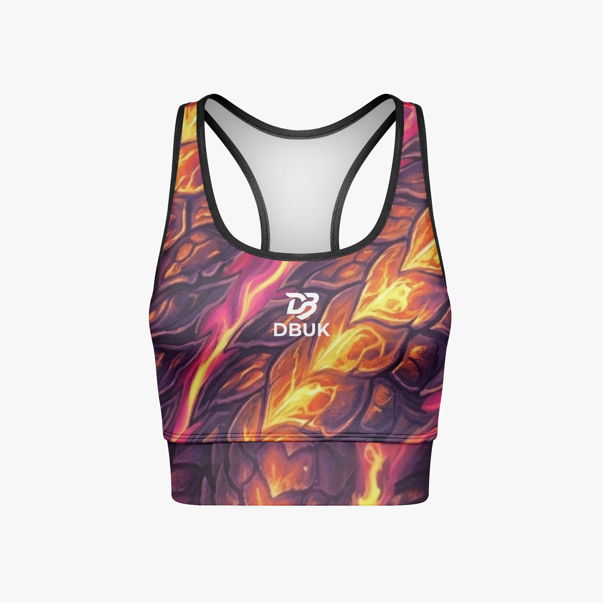 Women’s cropped yoga tank top, racerback, all-over flame print with DBUK logo
