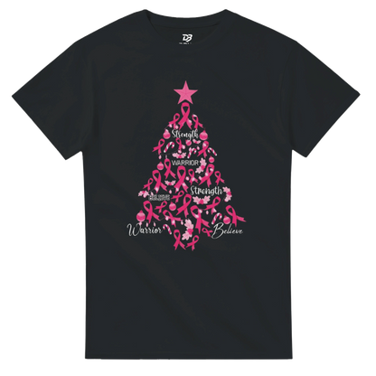 Dark crew-neck T-shirt with pink ribbon Christmas tree graphic on the front