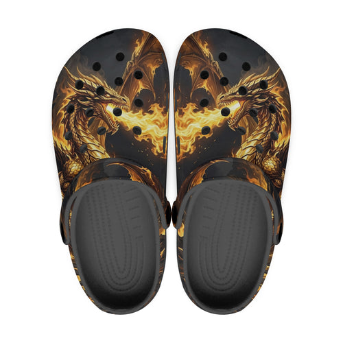Black and gold dragon all-over print clogs, front view with vent holes