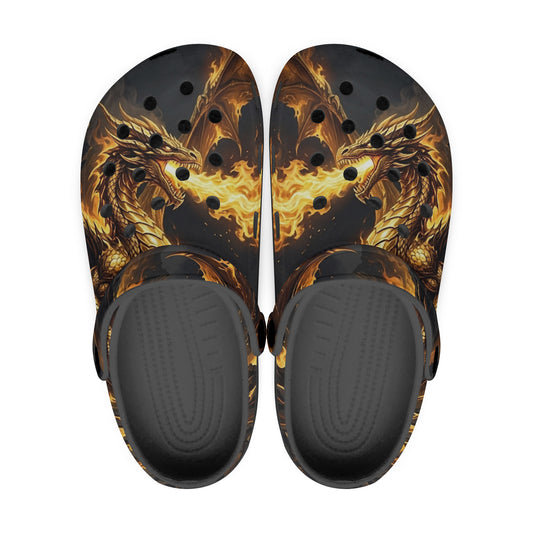 Black and gold dragon all-over print clogs, front view with vent holes