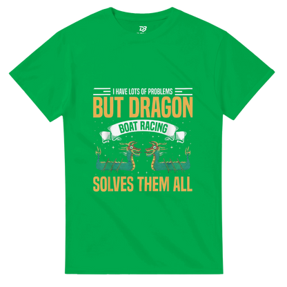 Green unisex graphic T-shirt with dragon boat racing text "SOLVES THEM ALL"