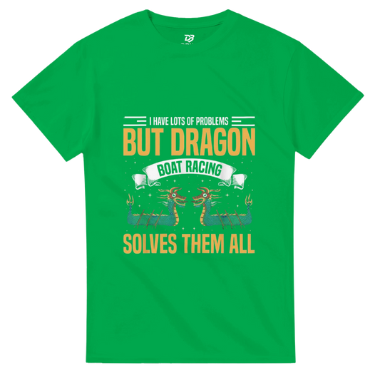 Green unisex graphic T-shirt with dragon boat racing text "SOLVES THEM ALL"