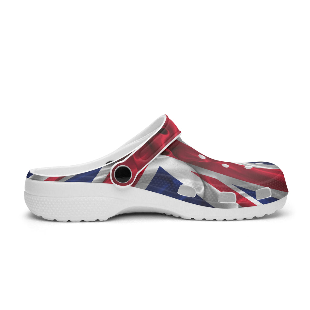 A single white clog-style shoe with a red, white, and blue Union Jack flag pattern printed across the upper, shown in a side profile on a white background.