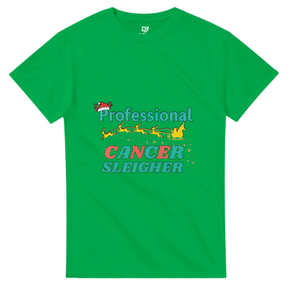 Green crew neck T-shirt featuring a colorful “Cancer Sleigher” graphic on the chest