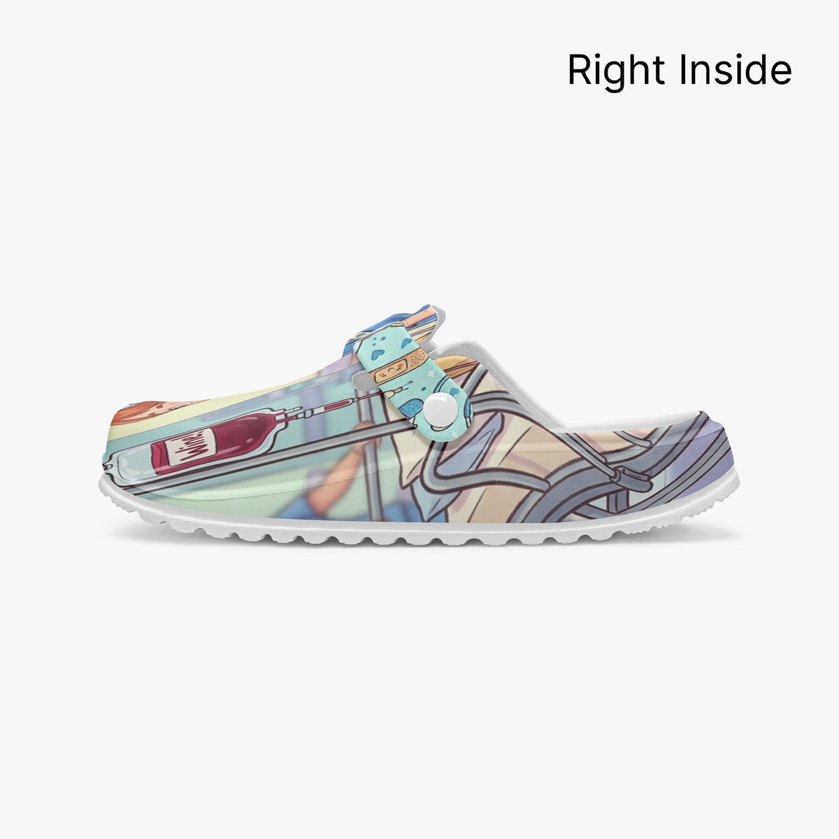 Nurse clog side profile, right inside view, with light blue/cream cartoon nursing print.