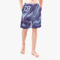 Board shorts with purple-and-blue all-over print, stretch waistband