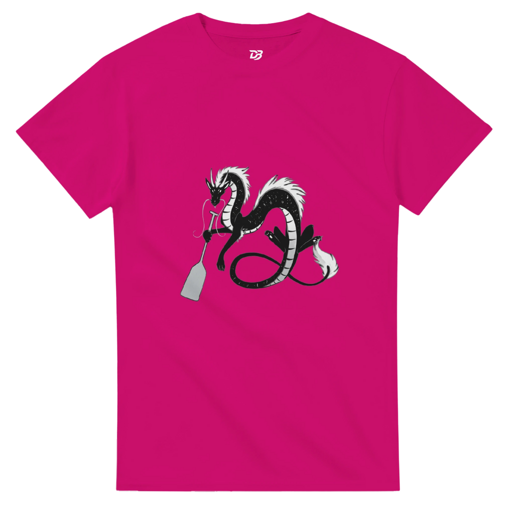 Azalea unisex crewneck graphic T-shirt with dragon holding a paddle and ring