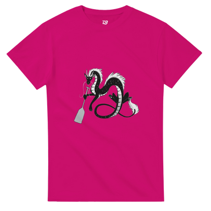 Azalea unisex crewneck graphic T-shirt with dragon holding a paddle and ring