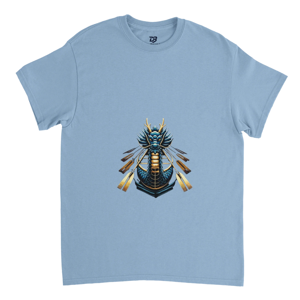 Light blue unisex crew-neck tee with dragon boat graphic on front