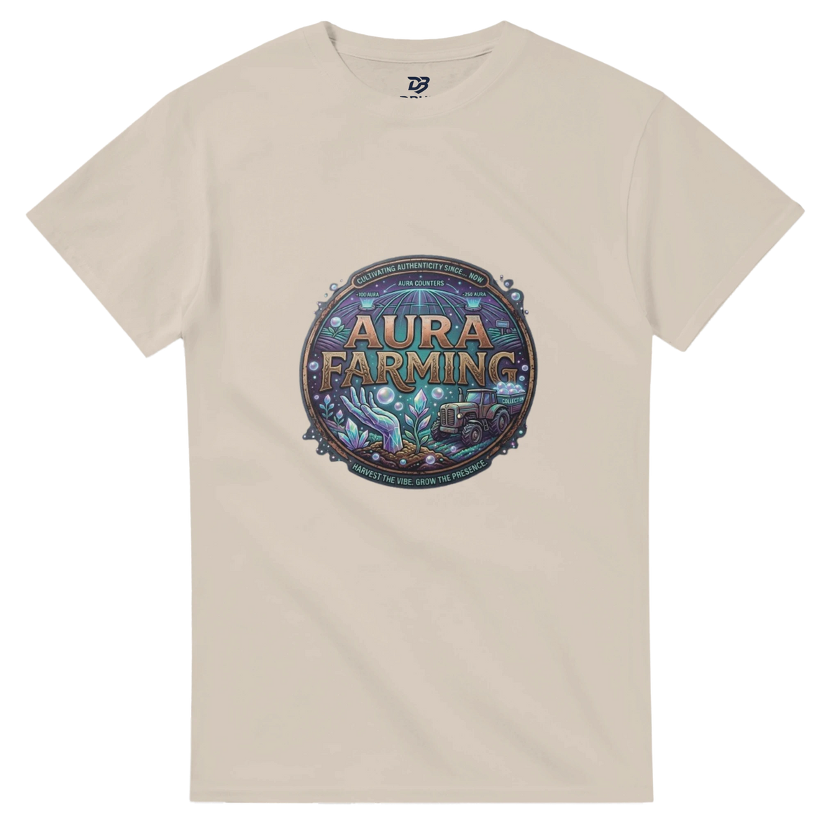 Sand crewneck t-shirt with circular printed emblem on the chest